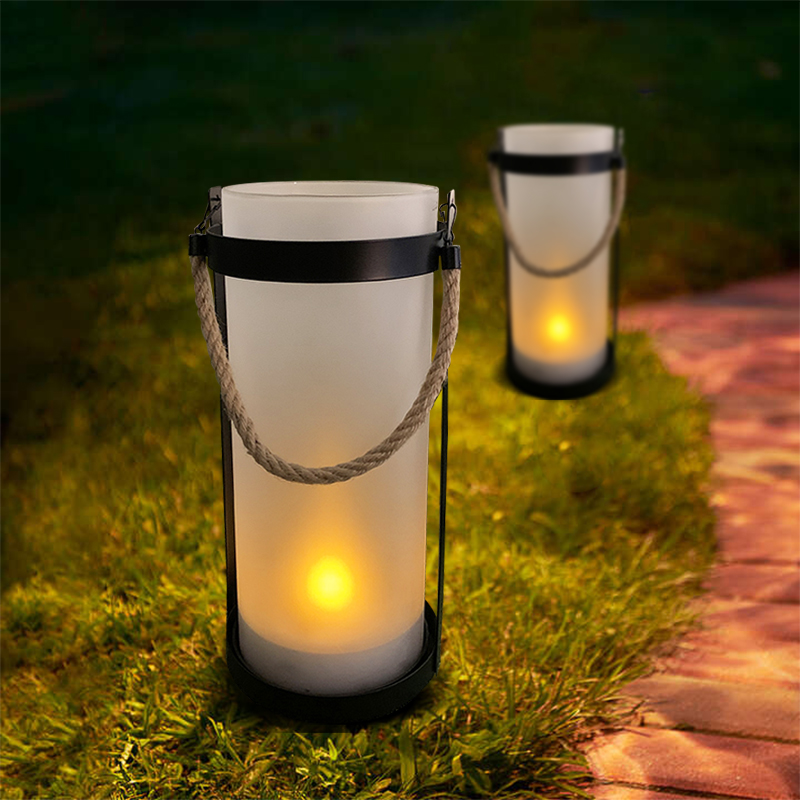 Solar Fameless-Fire Glass Lantern With Column Shaped