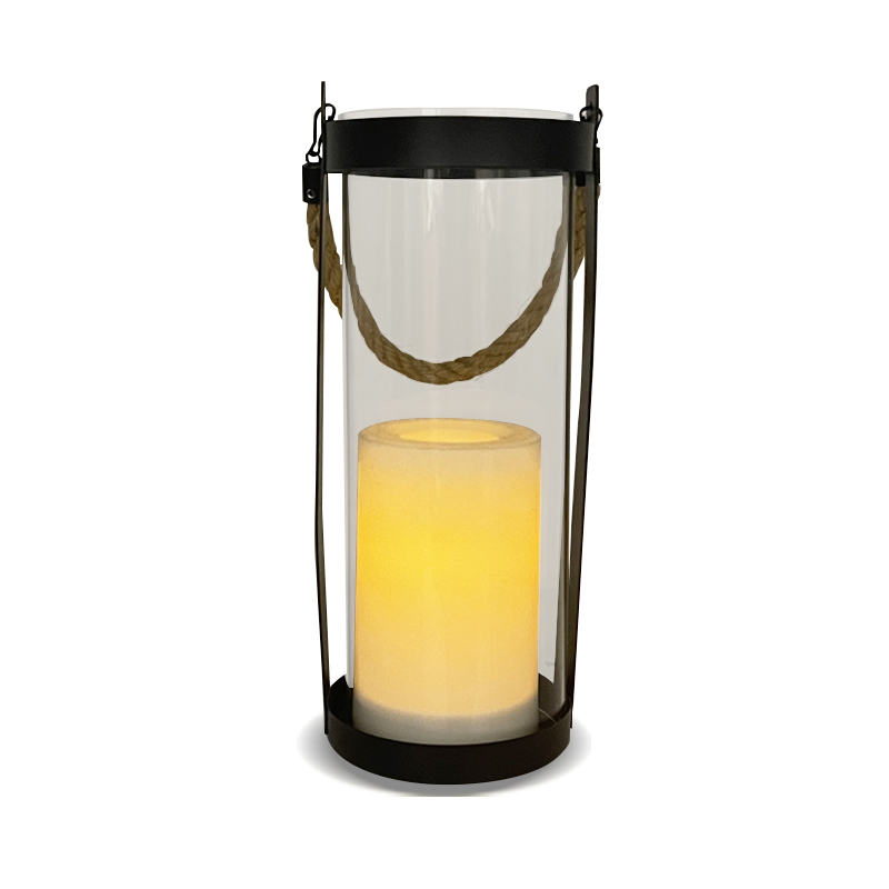 ''Reno'' iron-Glass Lantern with Solar LED Candle, Large